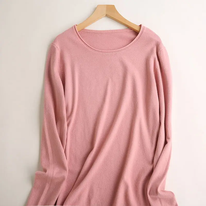 Новинка, весенний и осенний модный кашемировый свитер, женские пуловеры с круглым вырезом, завитые края, свитера, женский чистый базовый свитер - Цвет: Skin pink