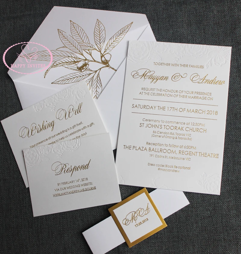 HI1134 - 01 Top Grade  Customized Elegant White Invitation CARD made of 1800 GSM Cotton Paper with Gold Letterpress