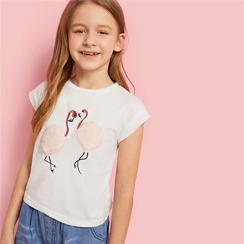 SHEIN/Милая повседневная детская футболка с принтом фламинго и помпонами; топы для девочек; коллекция года; летние футболки без рукавов для девочек