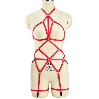 

Full Body Harness Suit Red bondage lingerie Cage Top Elastic Strappy Garter belts Leg Harness Dance Rave Costume Black
