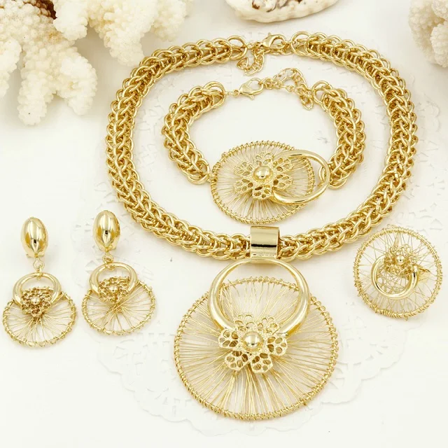 Liffly New Italy Fashion Costume Jewellery African Women Big Necklace Bracelet Rings Earrings Set Dubai Gold Platin Jewelry Sets - Окраска металла: jewelry sets