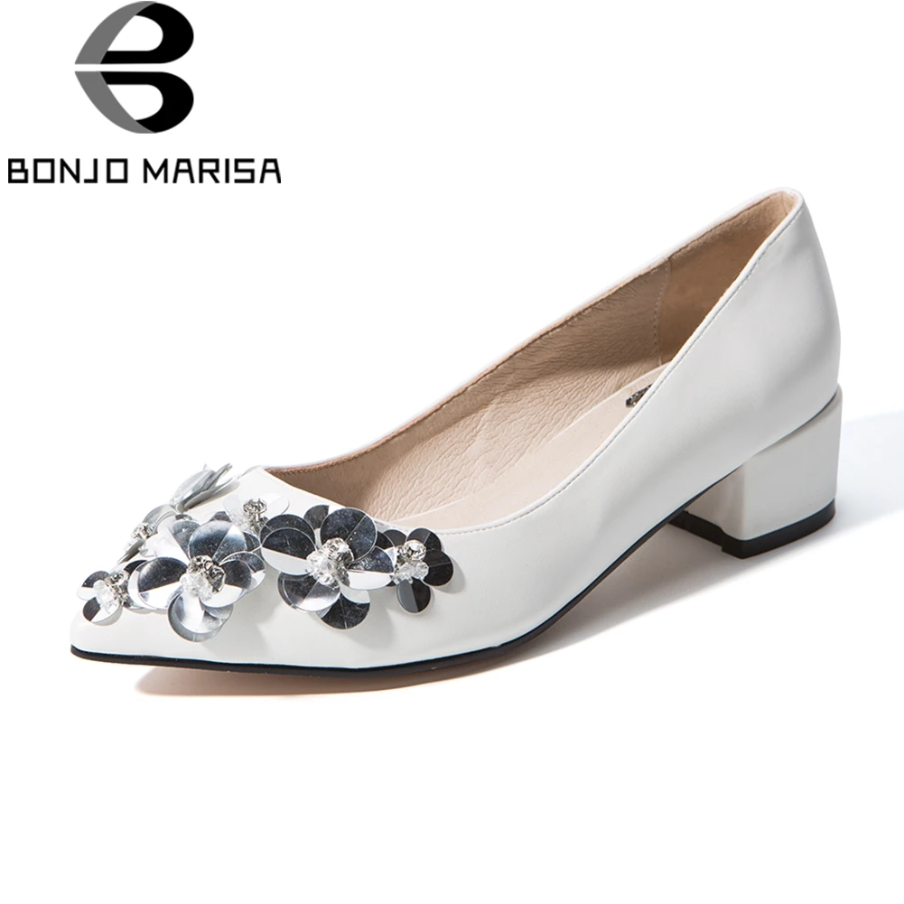 

BONJOMARISA Sweet Sexy Shallow Pumps Women Autumn 2018 Pointed Flower Appliques Heels Shoes Woman Wedding Party Large Size 32-43