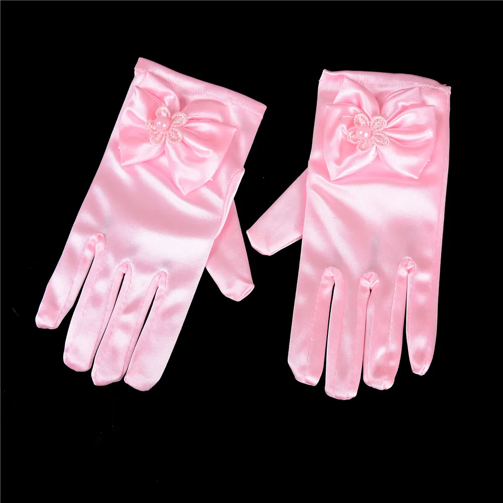 1 пара, детские перчатки с бантом для девочек, детские варежки, Детские Короткие Вечерние перчатки, свадебные перчатки, 4 цвета - Color: Pink