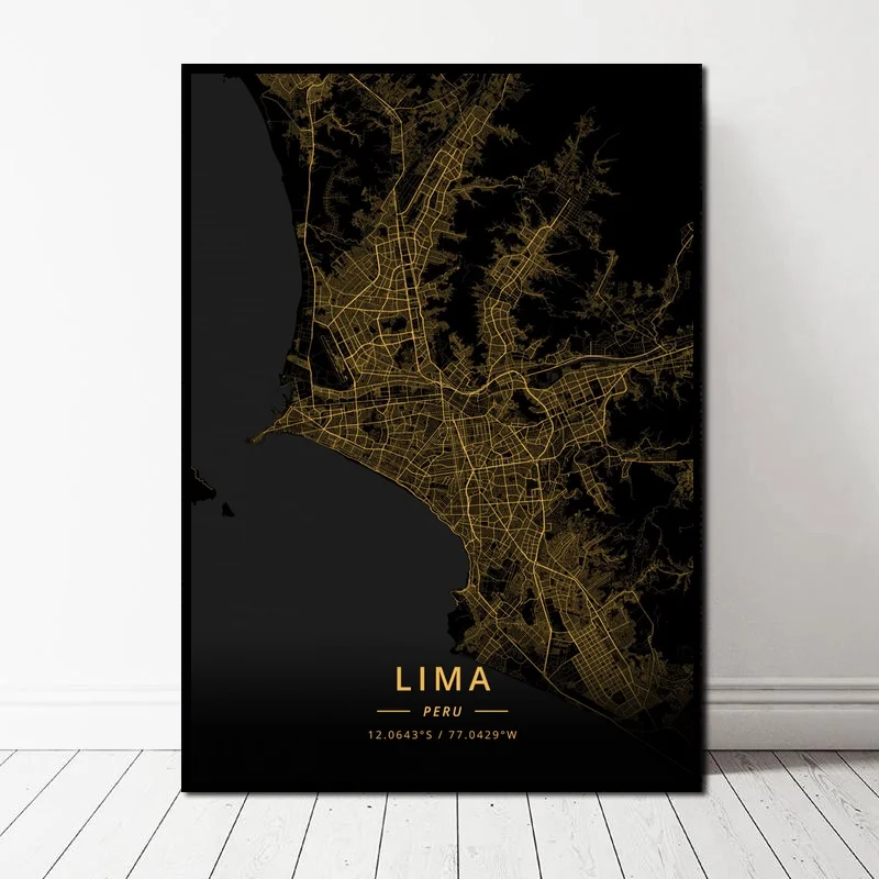 

Lima Peru Gold Map Canvas Art Print Wall Pictures for Living Room No Frame