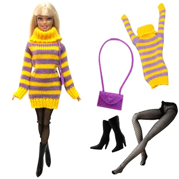 

NK 4 Items/Set Doll Dress Fashion Model Coat Outfit Daily Sweater Bag+Shoe+Stocking For Barbie Doll Accessories Baby Toys 010A