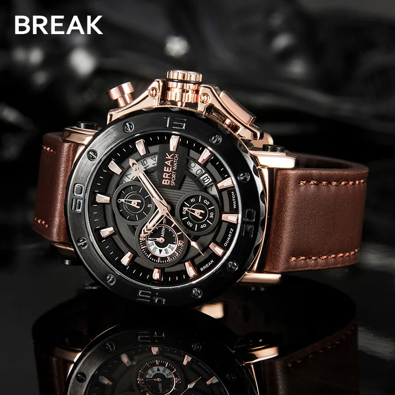 BREAK Mens Watches Top Luxury Brand Waterproof Sport Wrist Watch Chronograph Quartz Military Genuine Leather Relogio Masculino