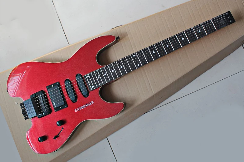 

Metal Red Headless Electric Guitar with Tremolo,Black Hardwares,White Binding,Rosewood Fretboard,offering customized services