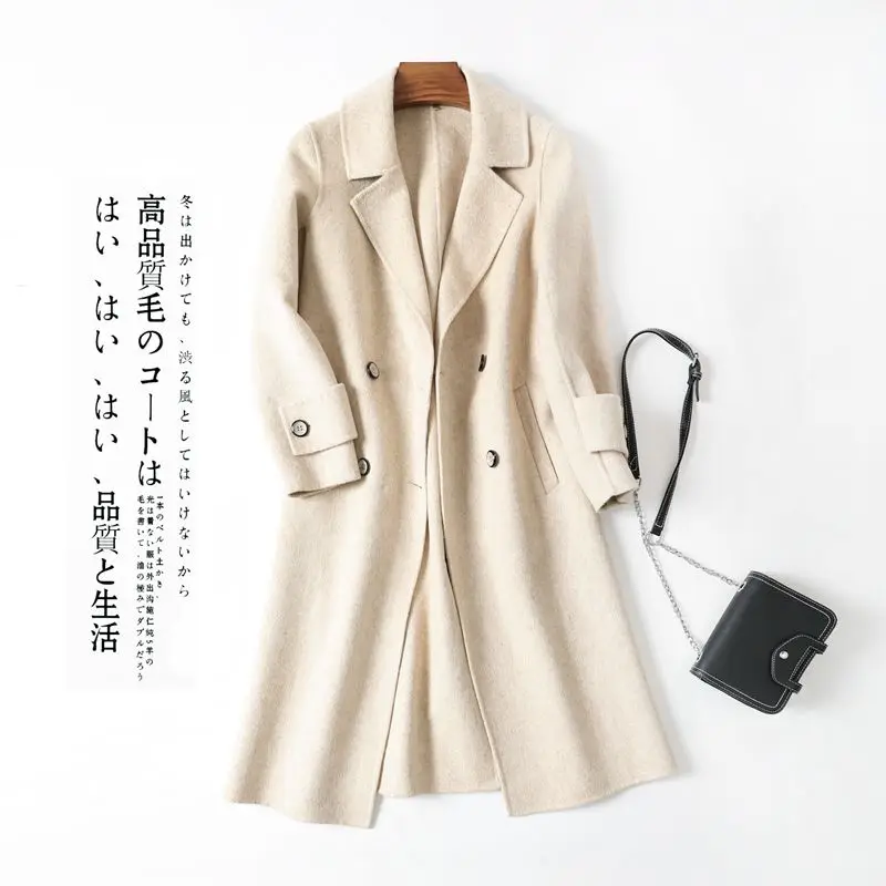 Manteaux My631 Green brown Double Longue Veste Femme White Hiver Vintage Kmetram Automne Manteau Naturelle face cream Abrigo Laine khaki Femmes Slim Cachemire Mujer WeDHIbE29Y