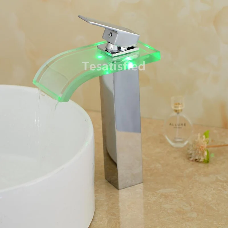 Robinet Salle De Bain Стекло водопад кран Led Цвет изменение Ванная комната смесителя крепление на платформу смесители для раковины краны