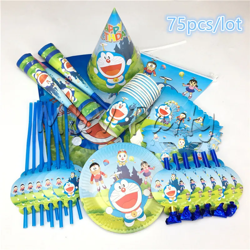 75 шт/лот Cartonn Doraemon тема вечерние одноразовые столовые приборы набор бумажные чашки тарелки набор детская вечеринка на день рождения украшения - Цвет: 75pcs