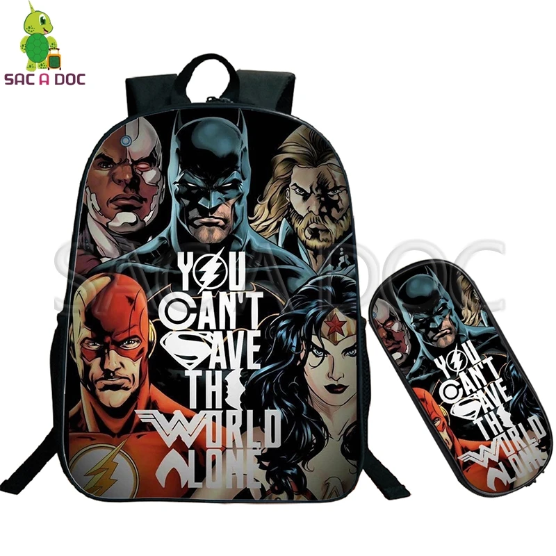 

Justice League You Can't Save The World Alone Collages Batman School Bag 2 Pcs/set Backpack for Teenage Boys Girls Book Bag