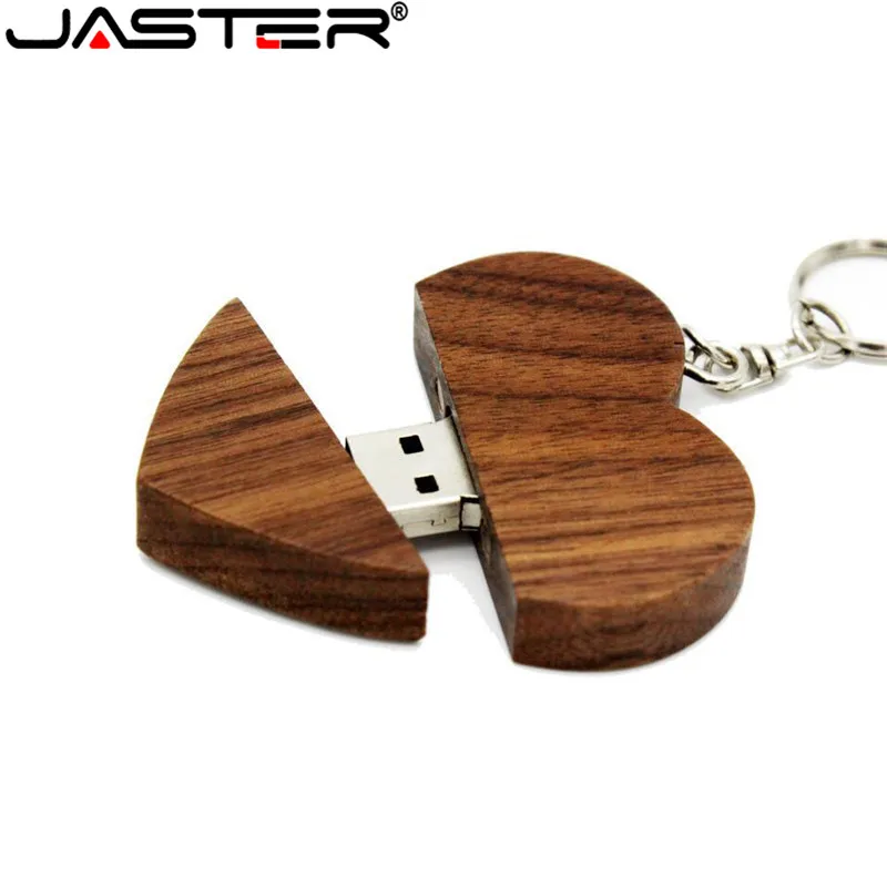 JASTER Custom logo wooden heart shape usb flash drive with keychain 4GB 8GB 16GB 32GB 64GB 1