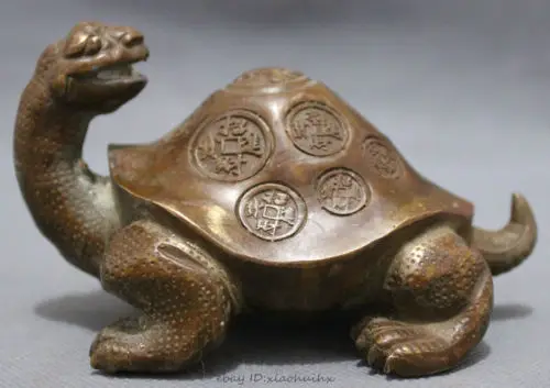

Chinese Bronze Collect Wealth Coin FengShui Longevity Shou Sea Turtle Statue copper Decoration real Brass