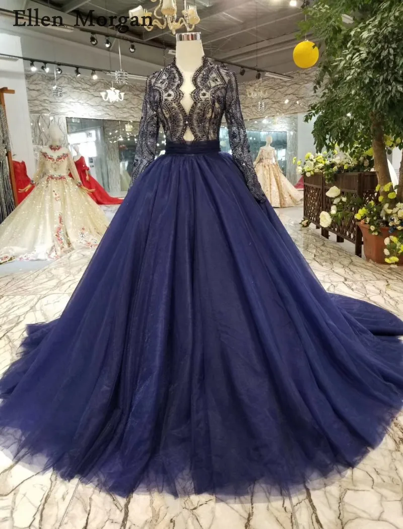 

Navy Blue Long Sleeves Lace Ball Gowns Wedding Dresses Colorful Princess See Through Custom Made Real Photos Bridal Gowns 2019