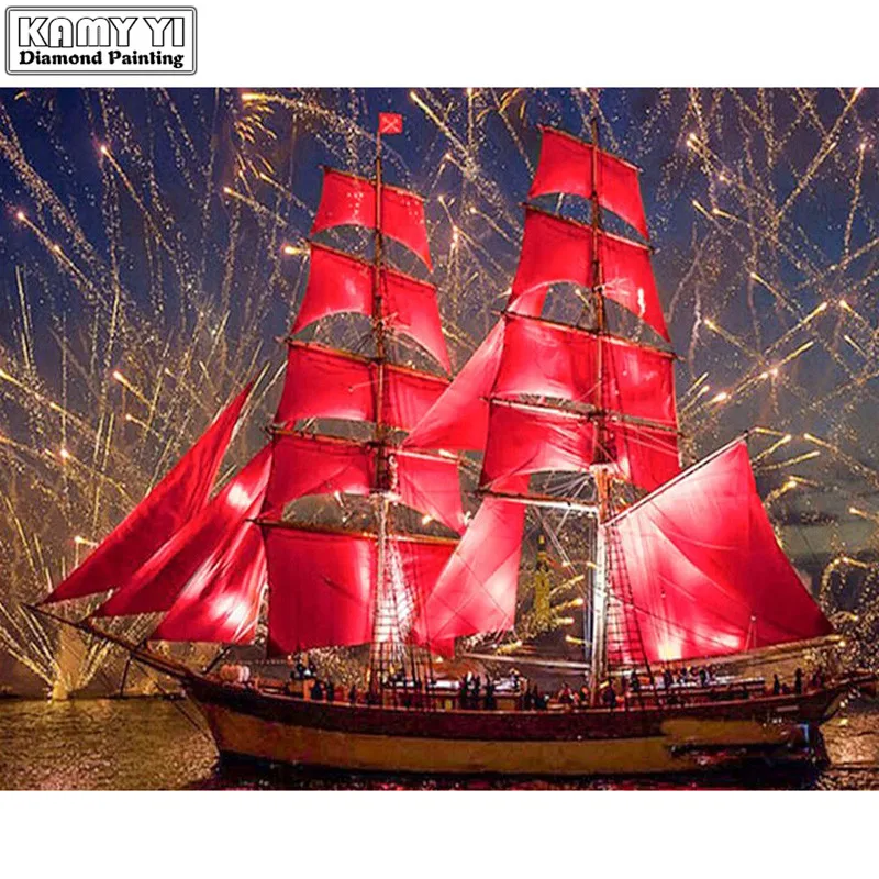 5d diy diamond painting round full cube diamond embroidery red ship scenery pattern hobbies and diamond mosaic Christmas gift_