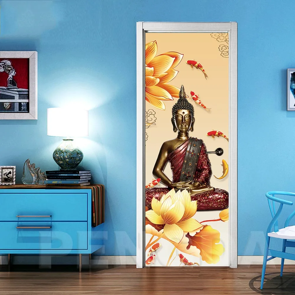 

3D Door Stickers PVC Adhesive Wallpaper Portrait Print Buddha Picture Flower Home Decor Waterproof Mural Decal For Living Room