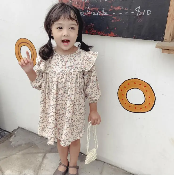 Платье с оборками в Корейском стиле для девочек модные осенние хлопковые платья для девочек 1-6 лет PX143