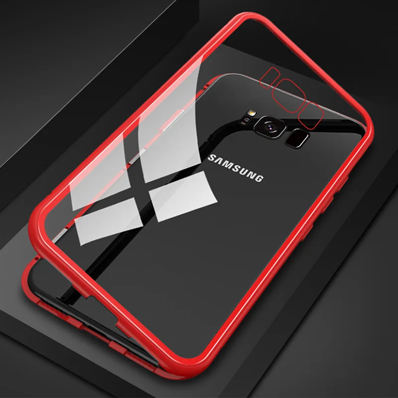 Роскошный Магнитный чехол для samsung Galaxy S8 S9 Plus S7 Edge Note 8 9 прозрачный чехол для мобильного телефона из закаленного стекла - Цвет: Clear-Red