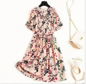 

European station printed silk dress round neck sleeves summer 2019 new boutique light luxury women's A-line skirtT3530