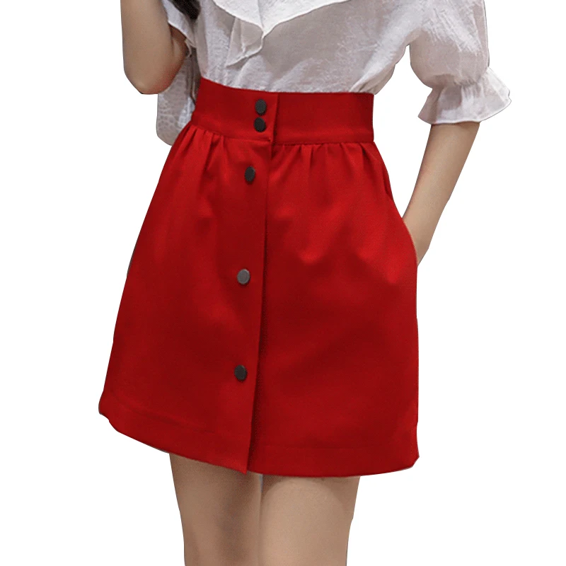 

High Waist Short A Line Skirt Women Spring Summer Pleated Female Skirts Front Single-Breasted Preppy Style Student Tutu Skirt
