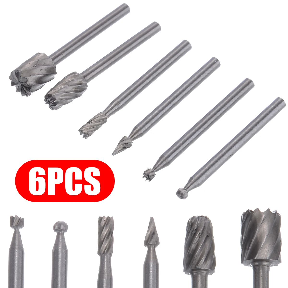 6pcs HSS Rotary Burrs Files Milling Cutter Router Bits Set Multifunctional Carving Milling Cutter Woodworking Tool