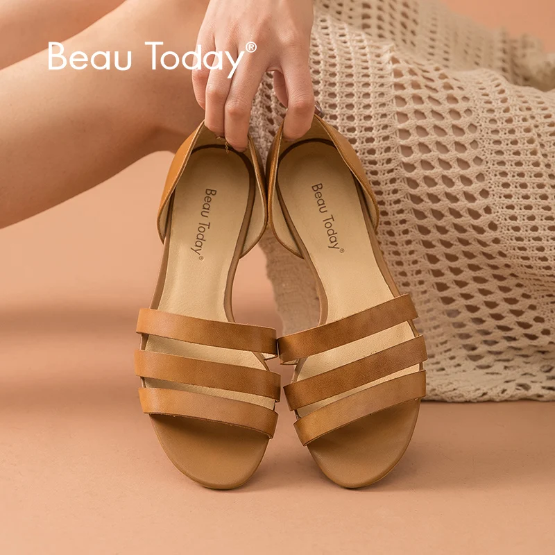 

BeauToday Women Sandals Genuine Cow Leather Gladiator Style Cover Heel Slip On Lady Summer Beach Flats Handmade 32136