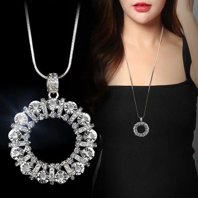 

Meyfflin Silver Color Chain Long Necklaces for Women Fashion Circle Round Crystal Necklaces & Pendants Choker Jewelry Bijoux