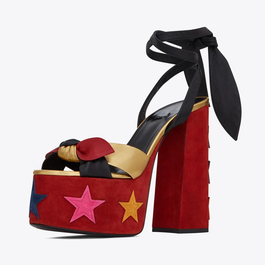 KARINLUNA/новые женские туфли на высоком каблуке и платформе со шнуровкой, большие размеры 34-43 Женские Повседневные Вечерние Подиумные Летние босоножки г - Цвет: red star