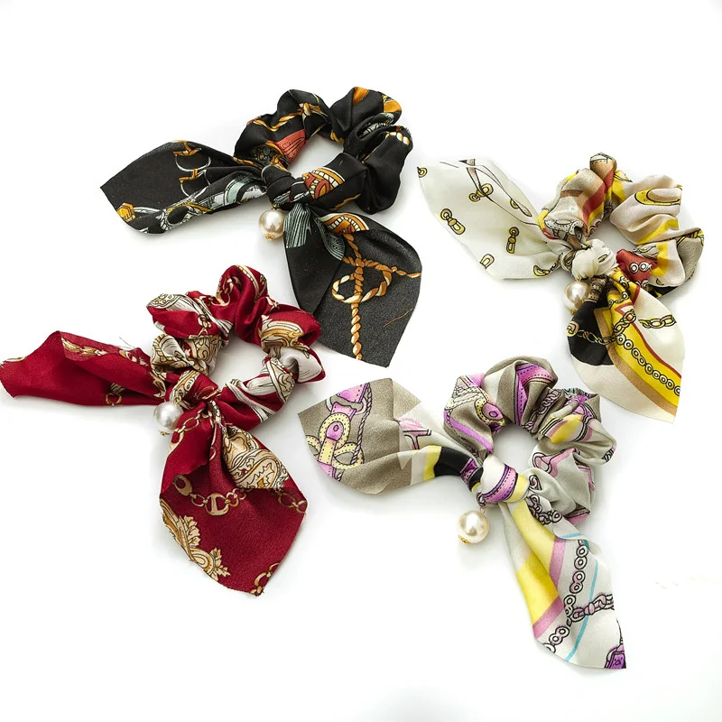 

Pearl Hair Scrunchies for Women Girls Retro Flower Printed Elastic Hair Ties Rubber Bands Rabbit Ear Hair Rope Ponytail Holder