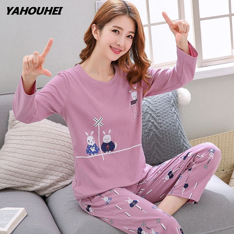 Большие размеры, M-3XL, женские пижамные комплекты, хлопок, одежда для сна, весна-осень, пижамы с длинным рукавом, пижамный комплект с круглым вырезом, женские пижамы - Цвет: duosegou blue