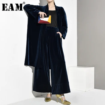 

[EAM] 2020 New Spring Autumn V-collar Long Sleeve Green Velvet Big Size Loose Wide Leg Pants Two Piece Suit Women Fashion JY905