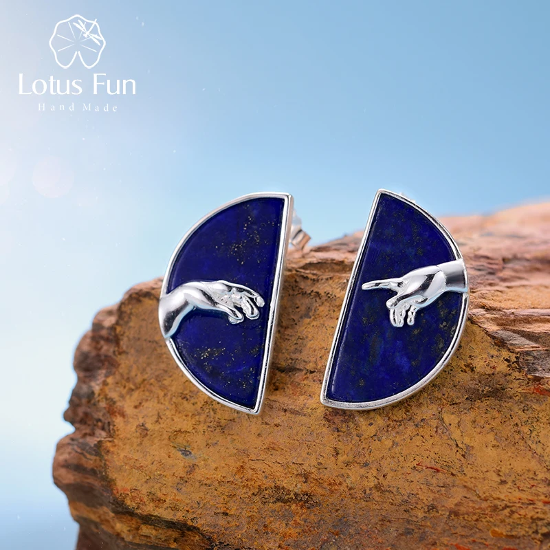 Серьги-гвоздики Lotus Fun из настоящего 925 пробы серебра с натуральным Лазуритом, изысканные ювелирные украшения, серьги-гвоздики с изображением Адама - изображение