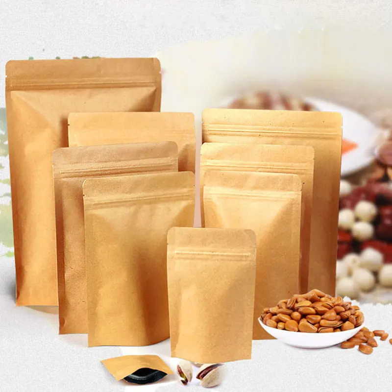 50pcs/Lot New Self-Seal Adhesive Food Bag Storage Kraft Paper Bag Material Ziplock Bags Plastic Packaging Stand-Up Pouch Bag