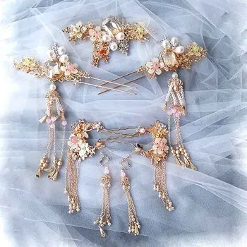 

Chinese Suit Headdress Bride Marriage Style Wine Dragon and Phoenix Wear Headdress New Handmade tassels wedding hair accessories