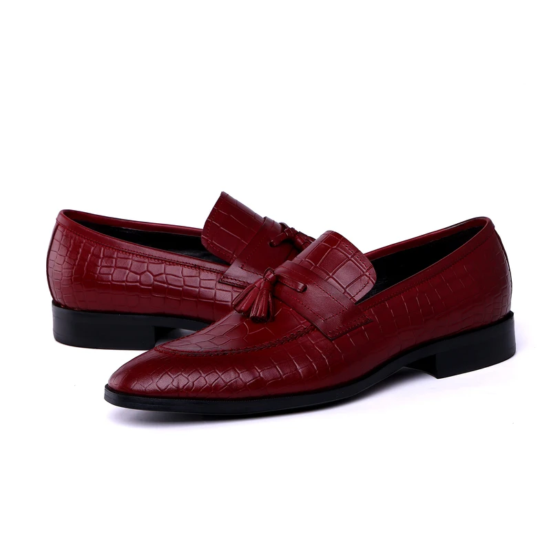 Pjcmg Для мужчин черный/красный натуральной крокодиловой Стиль кожа острый носок без шнуровки на свадебное платье Оксфорд Мужская обувь с кисточкой
