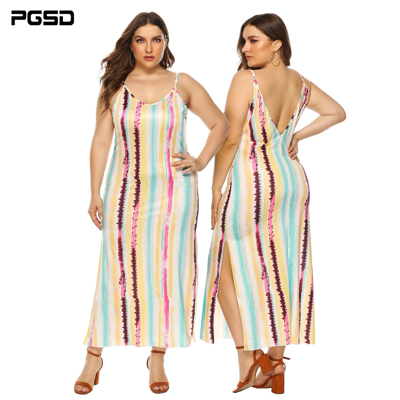 

PGSD Summer holiday casual Colour stripe printing Sexy backless Open-forked long Sling female Dress Big size women clothes 4XL