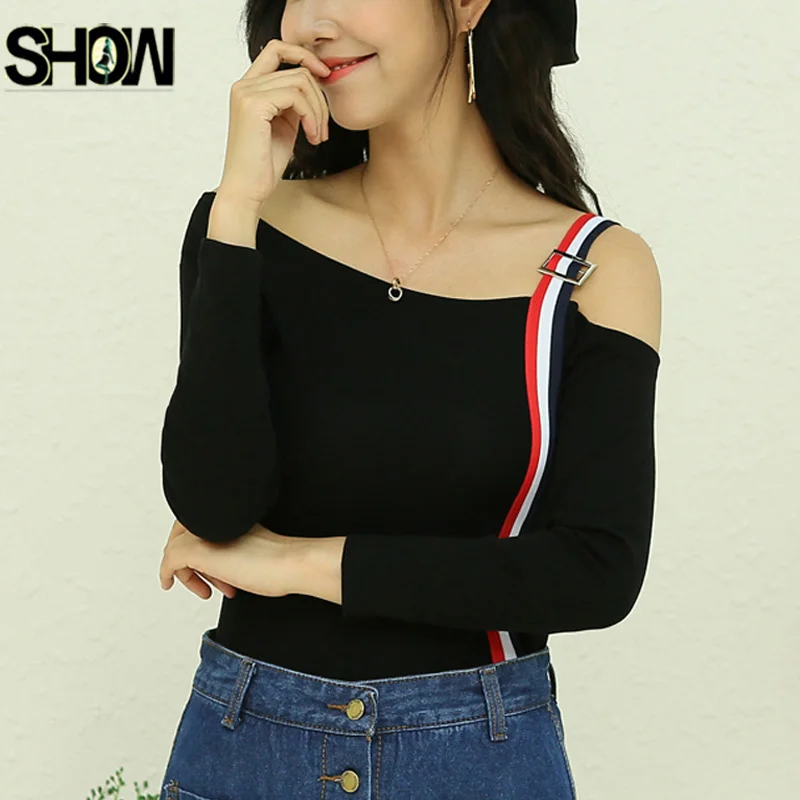 

Sexy Strapless Tshirts Tees Hot Women Korean Style Design Tops Casual Black White Slim One Off Shoulder Tops Cotton T Shirt 1821
