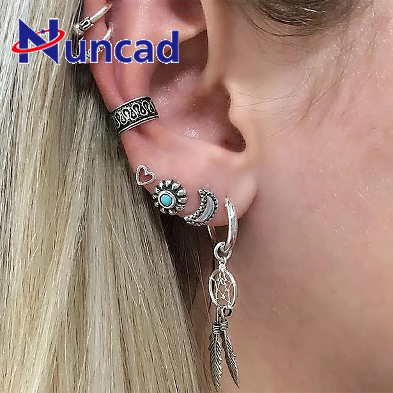 

Catch Dream Boho Earrings Set Sun Moon Vintage Pendant Earring Tibetan Silver Stud Earrings For Women Jewelry