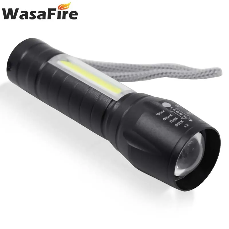 Мини-фонарик Wasafire Q5 и Cob Led Zoom алюминиевый 3 режима, перезаряжаемый фонарь, встроенный аккумулятор для кемпинга, охоты