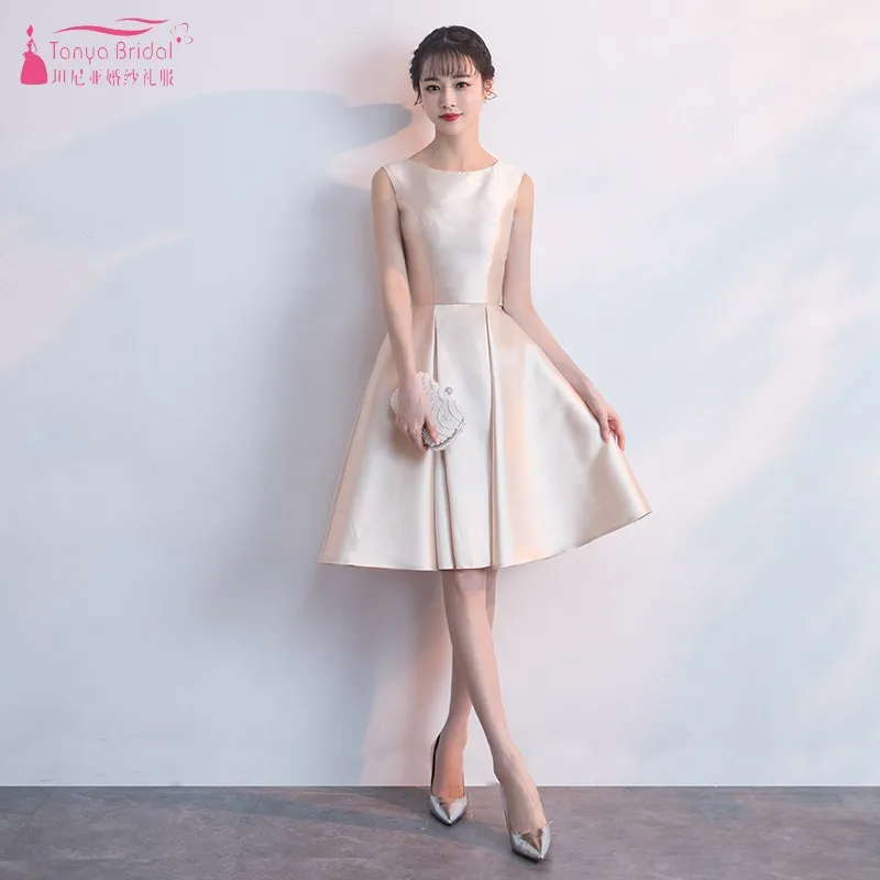

TANYA BRIDAL 2019 New Satin O-Neck Homecoming Dress Back With Bow Simple Sleeveless Knee-Length Graduate Dress SS066