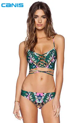 

2016 Women Bandeau Bikini Reversible Print swimsuit Strappy swimwear biquini trikini