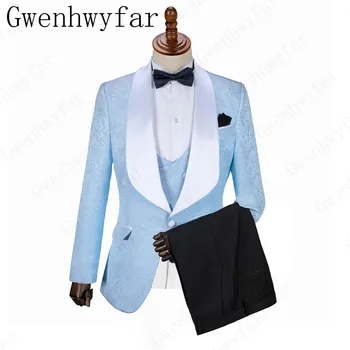 

Jacket+Pants+Vest) Customize Shawl Lapel Handsome Light Blue Groom Tuxedos Groomsmen Best Man Suit Mens Wedding Suits Bridegroom