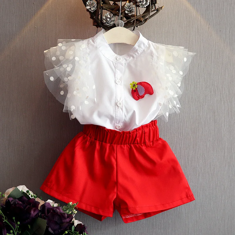 

Toddlers summer clothing set girls 2018 poka dot petal sleeve single breasted blouse Solid white t shirt children