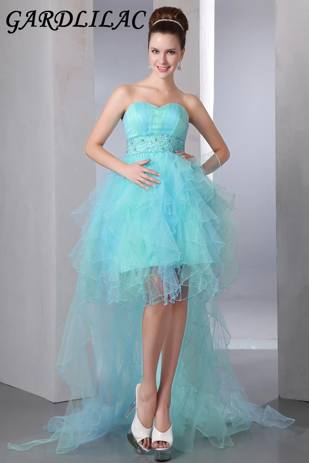2017 real picture light blue cocktail dress with beading low front high back for party tulle