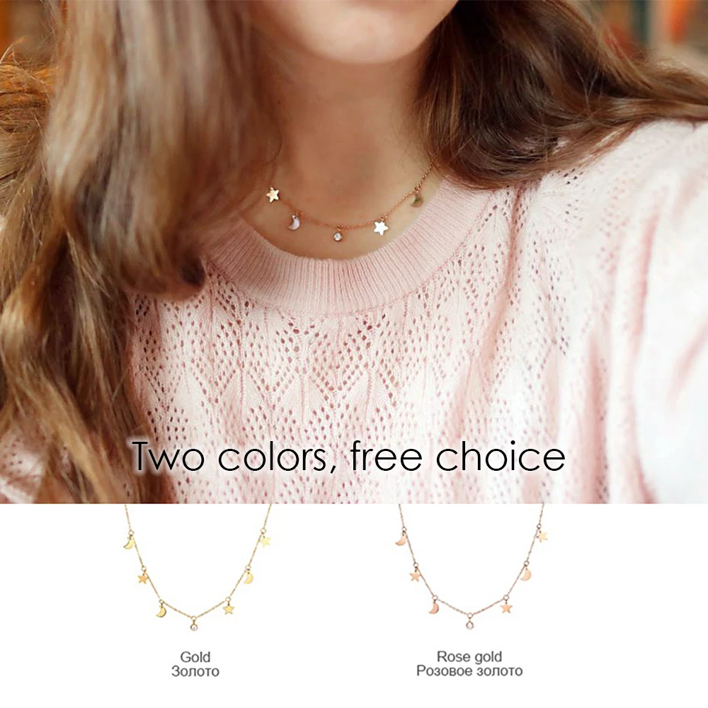 eManco Rose Gold Color Necklaces for Women Jewelry Stainless Steel Statement Necklace Trendy Fashion Jewelry Moon Star Pendants