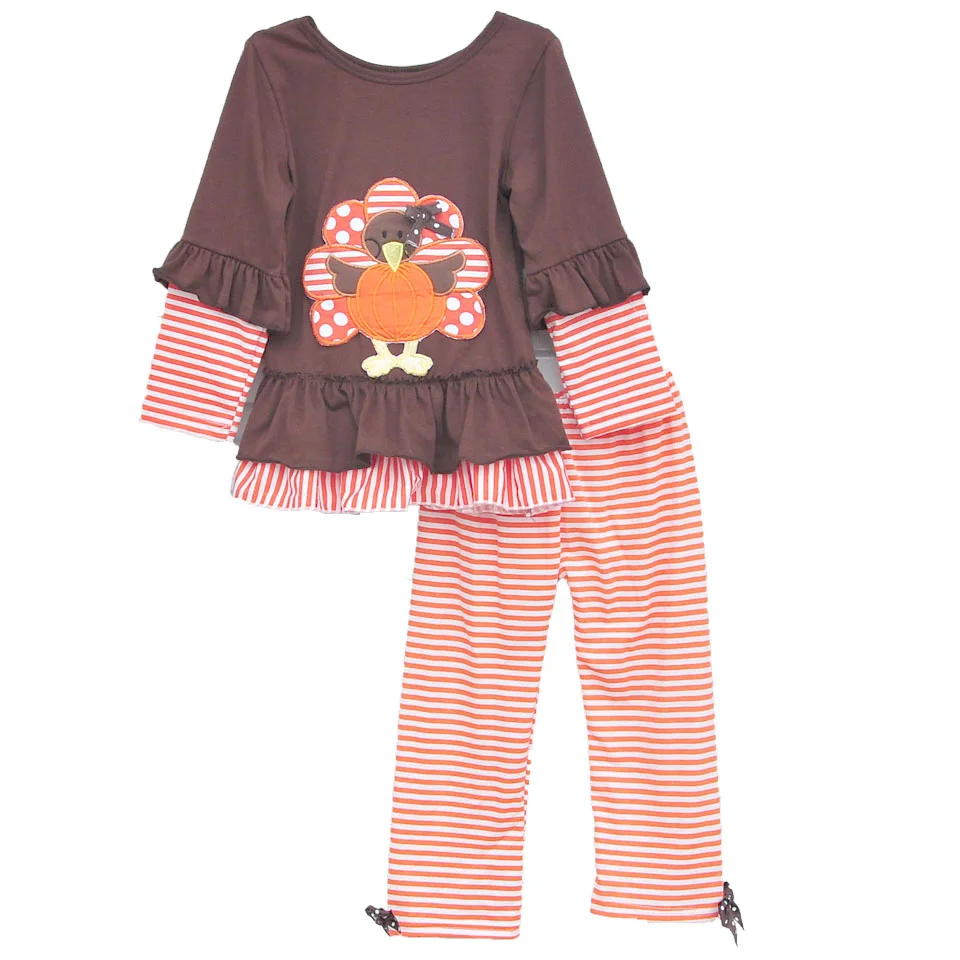 

Custom Halloween Baby Girls Outfits Pretty Thanksgiving Turkey Top Stripes Bow Pants Children Remake Fall Clothing set T009