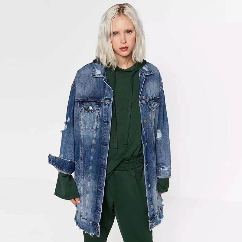 Szykowny Long Denim Jacket Women Fashion Brand Blue