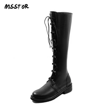 

MSSTOR Casual Fashion Retro Lace Up Martens Boots Platform Round Toe Autumn Winter High Heels Boots Women Black Knee High Boots