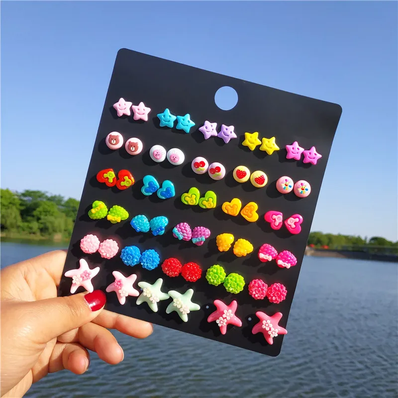 

28 Pairs/lot Resin Starfish Flower & Heart Stud Earring Set for Girls Summer Glitter Slipper Bear Strawberry Cherry Ear Studs