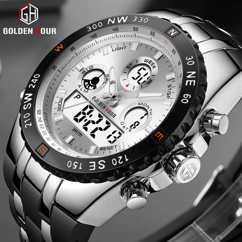 

GOLDENHOUR Men Watch Top Luxury Brand Mens Fashion Dual Display Watches Casual Sport Waterproof Wrist Watch Relogio Masculino